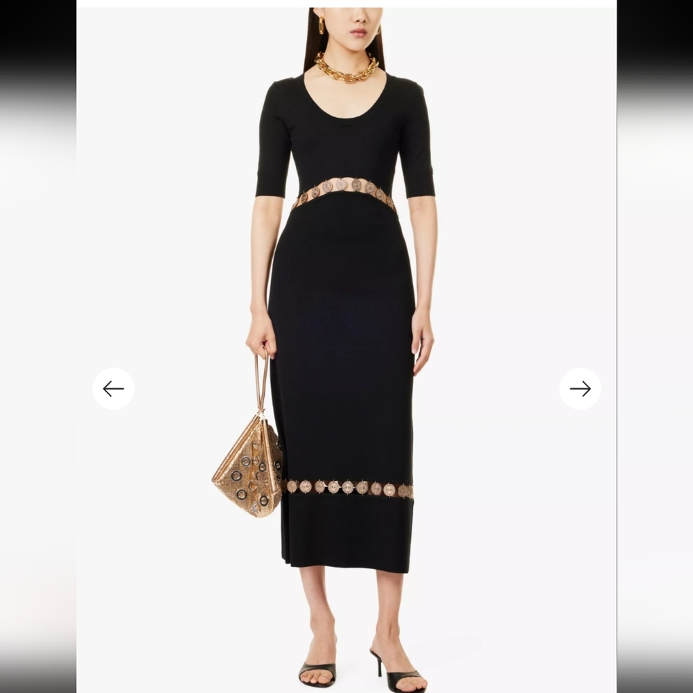 Paco Rabanne Elegant Black Midi Dress with Gold Accents